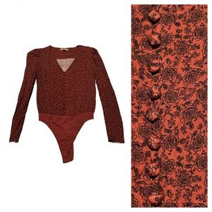 Orange Floral Low Cut Bodysuit One Piece / Women’s Medium *